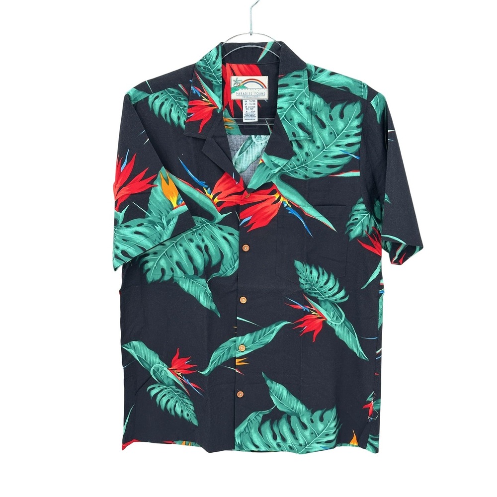 Paradise Found Shirt Mens‎ Medium Black Floral Button Up Hawaiian Tropical Beach
